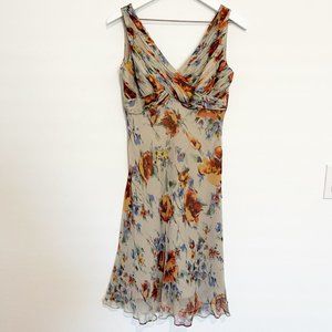ADRIANNA PAPELL 100% silk vintage beaded floral v-neck sleeveless midi dress 6